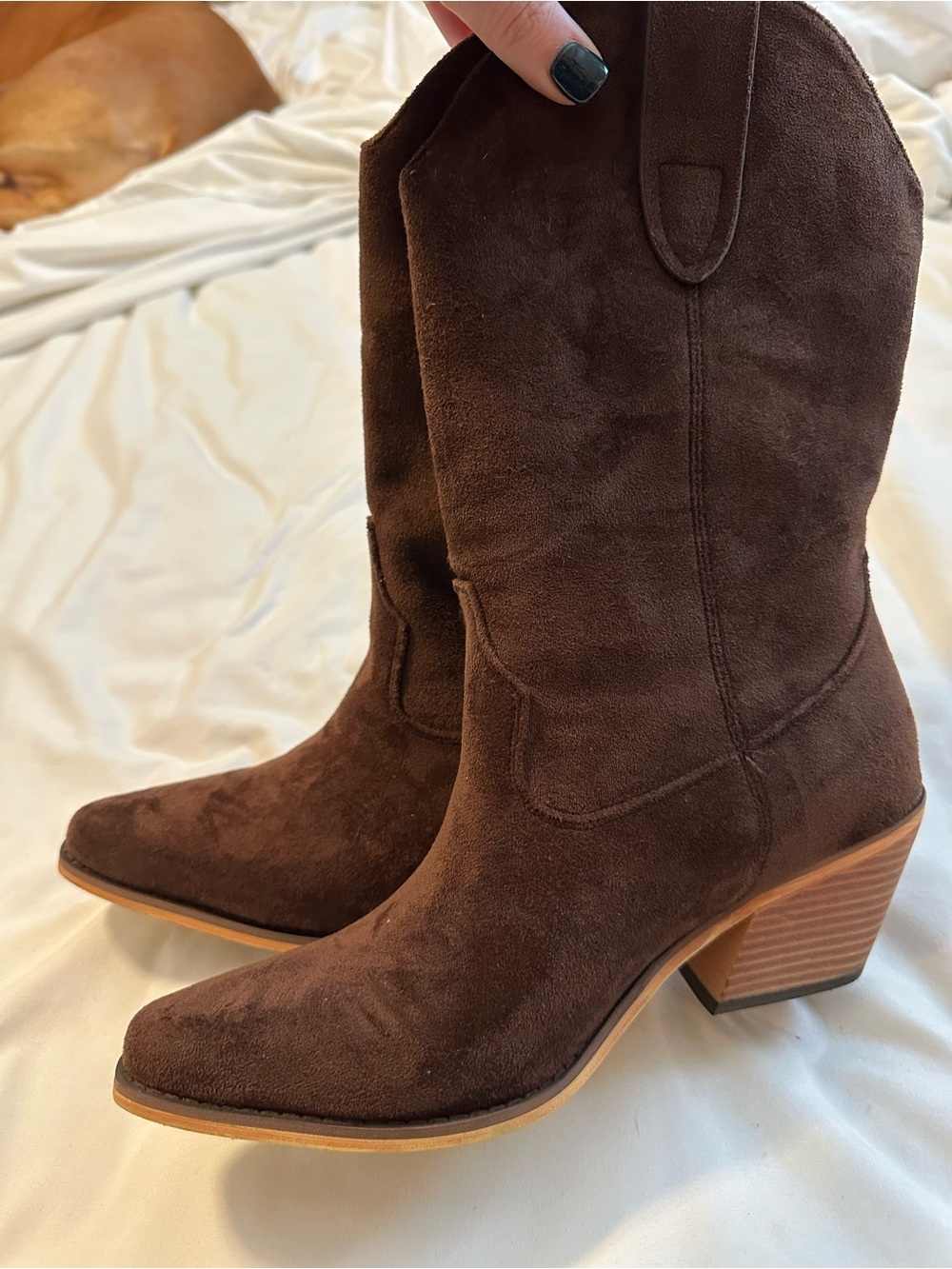 Brown Faux Suede Western Mid-Calf Boots for Women - Picture 3 of 4